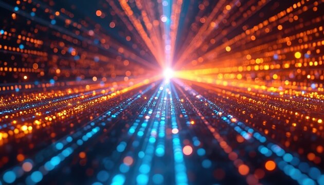 Abstract digital light paths illuminate with bright orange, blue particles. High speed data flow occurs in modern tech network grid. Information transfer happens quickly across global internet