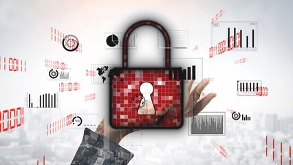This image showcases the concept of data security, featuring a digital padlock held by a hand surrounded by graphs and information, emphasizing modern technology in business. Xenic