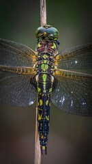 Dragonfly perched on a stem, detailed view of body and wings, muted background
