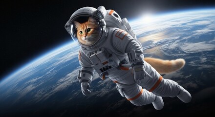 An adventurous feline astronaut drifts gracefully through the vast expanse of cosmic space, orbiting Earth with a sense of wonder and discovery