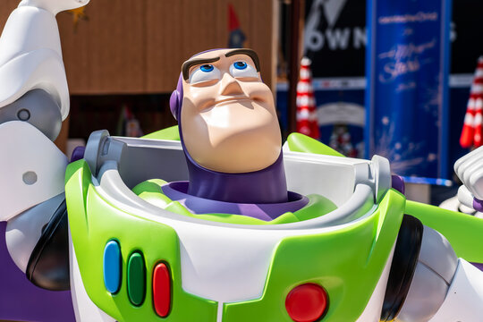 BANGKOK, THAILAND, 27 November 2025 - A model of Buzz Lightyear from the movie Toy Story 4 being showcased in front of mall,  A famous character in movie theatre
