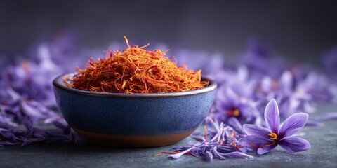 Ceramic bowl of saffron spice surrounded by purple petals gourmet culinary scene close-up view natural ingredients aromatic flavors