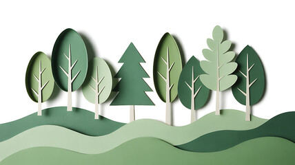 Paper cutout forest landscape with various green trees and rolling hills isolated on white background
