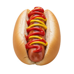 Hot Dog in Bun Topped with Mustard and Ketchup Isolated on Transparent Background