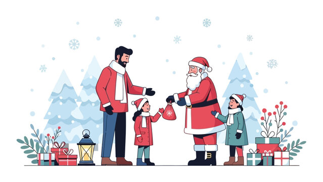 Santa Claus giving gifts to children with their father during Christmas celebration.
