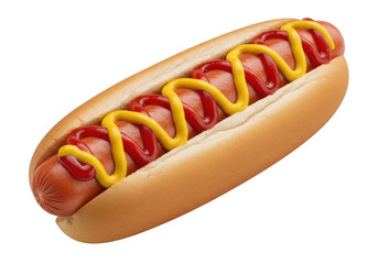 Hot Dog Isolated on Transparent Background, Sausage in Bun Topped with Ketchup and Mustard