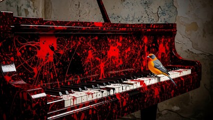 Naklejka premium Creative concept showing a colorful bird on a piano covered in red artistic paint marks.