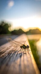 Dragonfly perches on a wooden rail; blurred foliage and bright sun are in the background