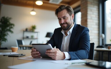 Male professional with paper using digital tablet while sitting at office. High quality