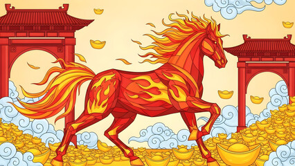Dynamic illustration of a fiery zodiac horse galloping amidst traditional Chinese architecture and golden ingots, symbolizing wealth and good fortune