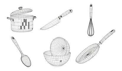Kitchen utensils wireframe illustration set