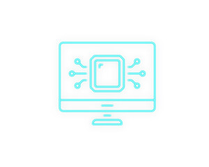 Neon blue computer chip icon displayed on a monitor symbolizing advanced desktop processing and modern system performance. Clean minimal vector design ideal for tech branding and digital interfaces. 