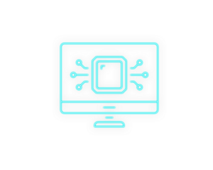 Neon blue computer chip icon displayed on a monitor symbolizing advanced desktop processing and modern system performance. Clean minimal vector design ideal for tech branding and digital interfaces. 