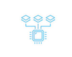 Blue line icon of a microchip with an atomic nucleus symbol representing AI, quantum computing, and advanced digital technology. Clean minimalist vector ideal for tech branding and UI graphics. 