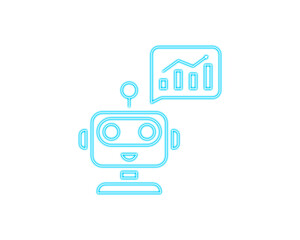 Blue line icon of a friendly AI robot presenting data analytics in a speech bubble. Modern technology symbol for automation, insights, and digital assistance. Ideal for apps, dashboards, branding, 