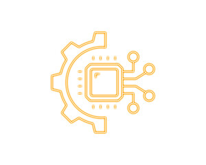 Orange line icon of a microchip merged with a gear symbol, representing AI automation and smart engineering. Modern tech vector ideal for industry, innovation, and digital systems. Perfect for apps, b