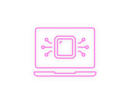 Pink neon laptop chip icon representing fast computing power and modern digital processing. Minimal clean vector style ideal for tech, AI, and device performance graphics. Perfect for illustrating