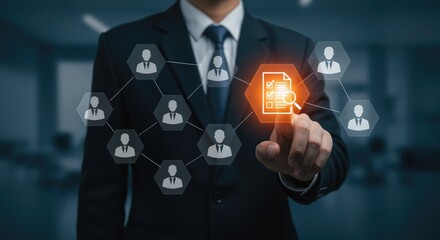 Human Resources Management and Recruitment Concept businessman network checklist people icons digital screen touch employee team