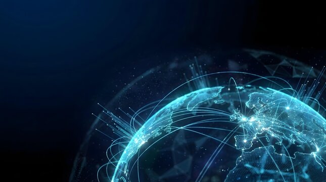 Abstract Technology Background Blue Digital Globe with Global Network Connection and Copy Space