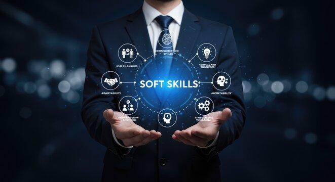 Soft Skills Concept Presented by Businessman communication skills adaptability critical thinking problem solving teamwork leadership