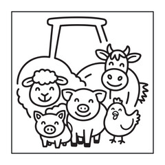Kids-friendly group of animals set black and white coloring pages.