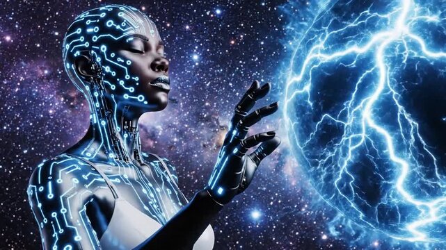 Futuristic android woman with glowing circuit patterns interacting with an electric blue energy sphere in space