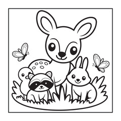 Kids-friendly group of animals set black and white coloring pages.