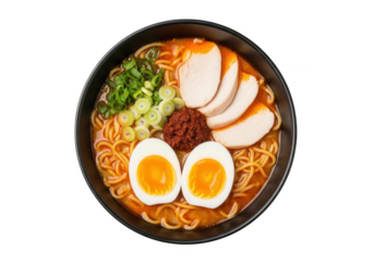 Japanese Ramen Noodle Soup in Bowl Top View on Transparent