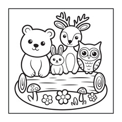 Kids-friendly group of animals set black and white coloring pages.