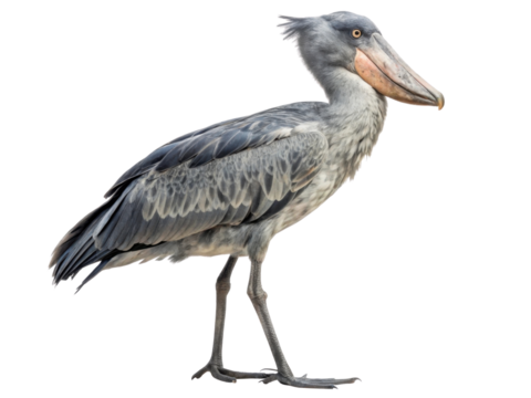 Serious grey shoebill bird, large african animal with prehistoric look. Full body profile view of unique wildlife standing isolated