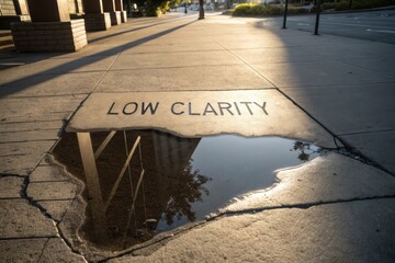 Concrete sidewalk with text and distorted water reflection