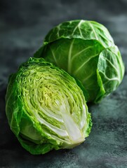 Obraz premium fresh young cabbage half a head in bright green background modern hard light dark shadowvegetables for cutting spring salad vegan food diet vitamins no logos no brands ar 34