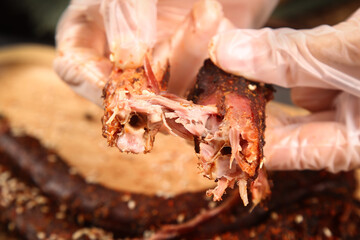 Fried Duck Neck with Spicy Chinese Style - Chef Shredding Delicious Deep-Fried Poultry