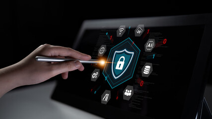 Cybersecurity protection secures network, prevents threats, and strengthens digital data security...