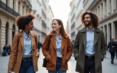 Group of professional colleagues laughing and walking together in the city. High quality