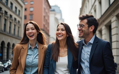Group of professional colleagues laughing and walking together in the city. High quality