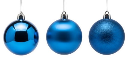 Three blue christmas ornaments hanging against a black background festive holiday decoration shiny and matte textures simple and elegant design
