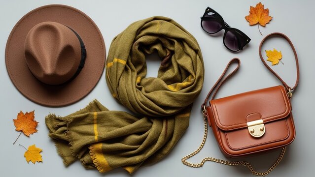 Fall fashion flat lay with hat, scarf, handbag, glasses, and leaves