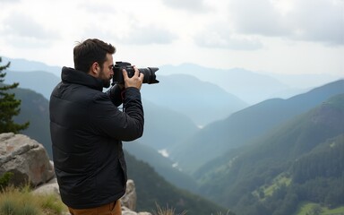 Side view of unrecognizable male photographer with professional photo camera taking pictures of nature while standing on top of rocky mountain. High quality