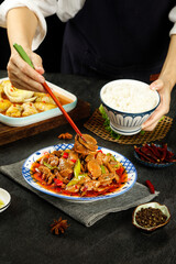 Traditional Chinese Braised Pork with Rice and Vegetables