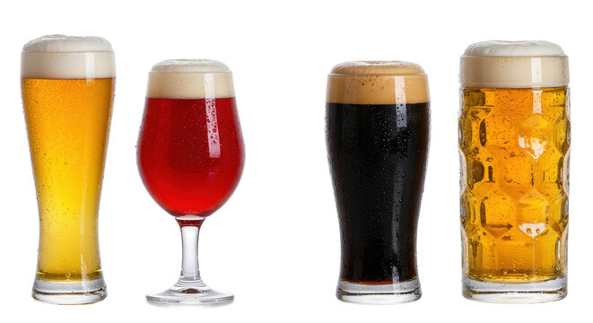 five perfectly poured craft beers (pilsner, stout, sour ale) in specific glasses, condensation and thick foam, dramatically rim-lit on a high-key white background with copy space. concept for