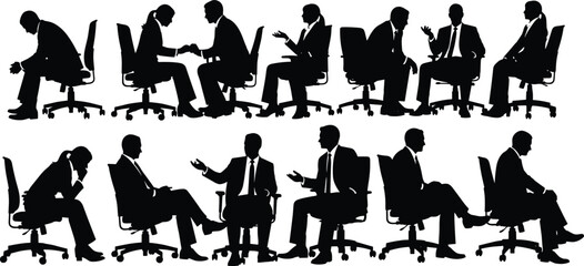 Silhouettes of business professionals seated in office chairs, black and white illustration, posture and gesture study, corporate communication and meeting theme