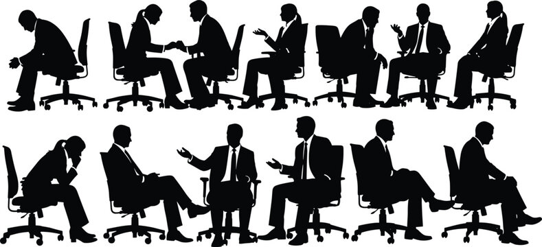 Silhouettes of business professionals seated in office chairs, black and white illustration, posture and gesture study, corporate communication and meeting theme