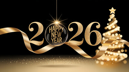 Shiny 2026 happy new year with gold ribbon and christmas ornament on black background design greeting card for elegant banner exactly 150