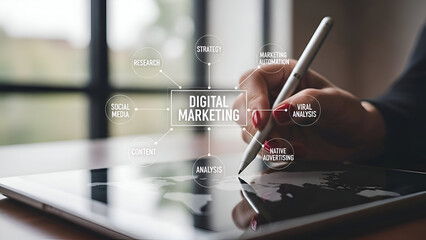 Modern digital marketing strategy planning on a tablet, ideal for business presentations and advertising campaigns, showing research, content, analysis and automation
