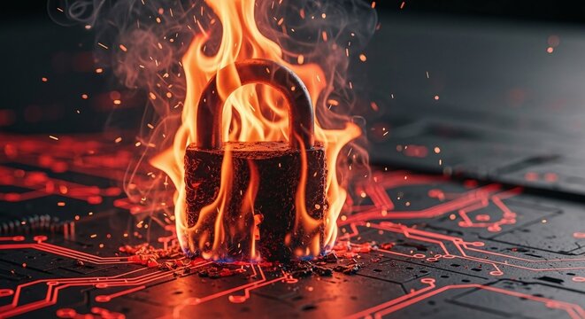 A burning padlock on a circuit board symbolizes cybersecurity threats, data breaches, and the urgent need for robust digital protection measures