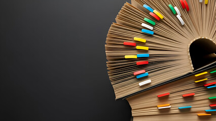 Explore Knowledge with Open Book and Colorful Markers on Dark Backdrop, Ideal for Education, Research, or Creative Projects, Ready for Your Text