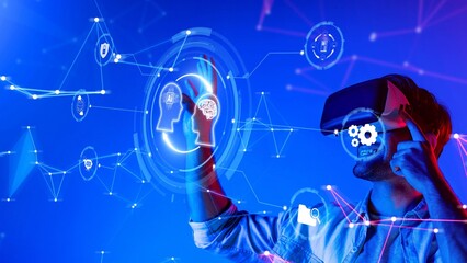 User interacts with a digital interface in a virtual reality environment, showcasing advanced technology and immersive experiences in a futuristic setting. Raster