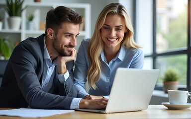 Obraz premium Female business professional assisting male colleague using laptop at office. High quality