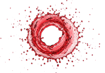 Ruby-red viscous liquid splash forming a toroidal swirl and thousands of droplets, hyper-realistically frozen in motion on a transparent background with copy space. Concept for beverage advertising